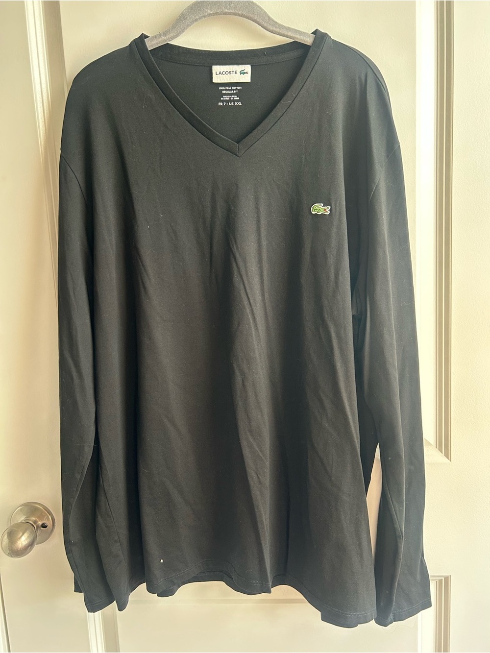 Lacoste Black V-Neck Tee with Green Crocodile Patch